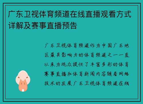 广东卫视体育频道在线直播观看方式详解及赛事直播预告